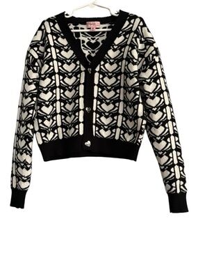 Paisley lane  Black & White Heart Jacquard Cardigan